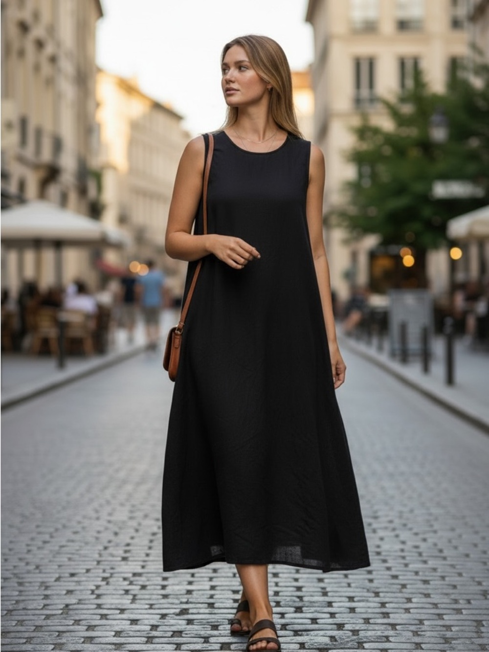 Women's Sleeveless Black Midi Dress - Classic Minimalist